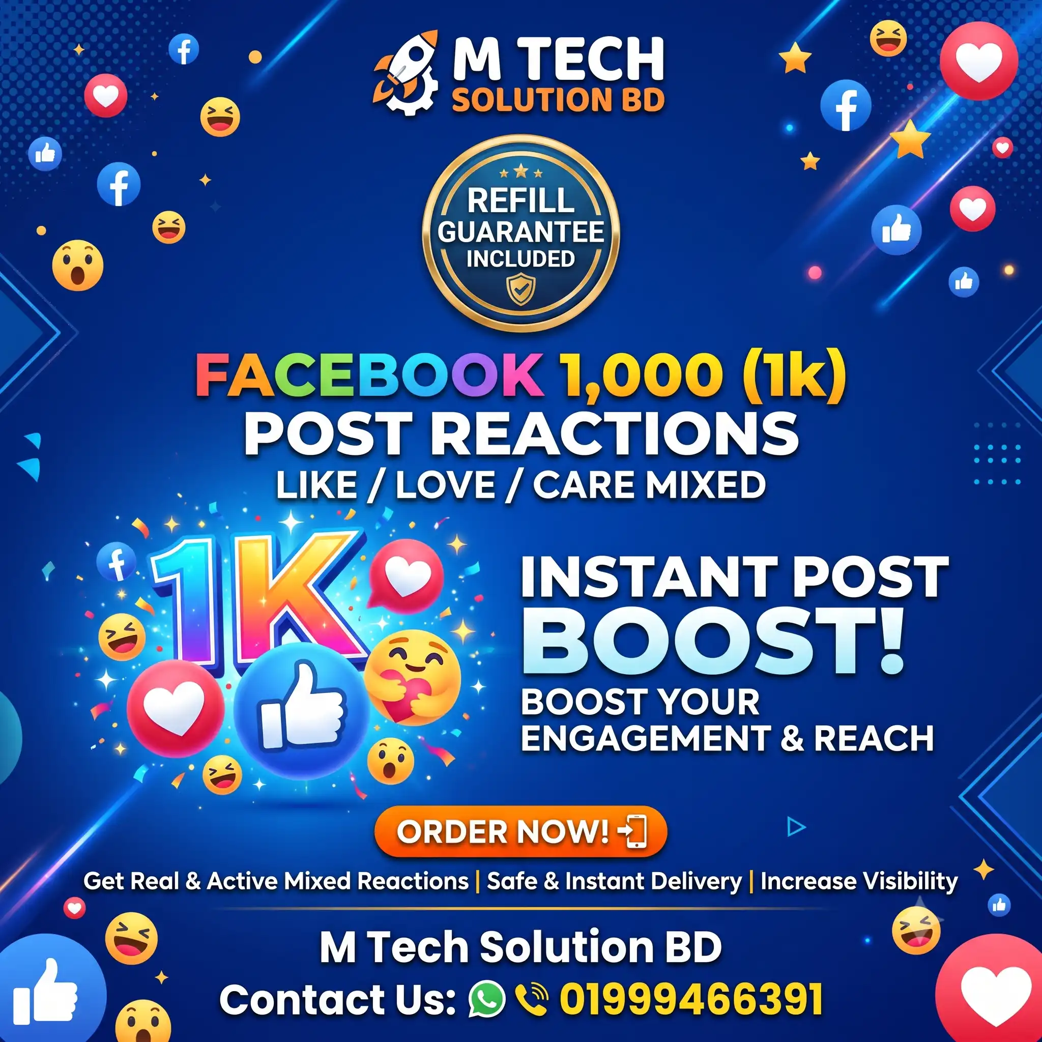 Facebook 1,000 (1k) Post Reactions – Like / Love / Care Mixed